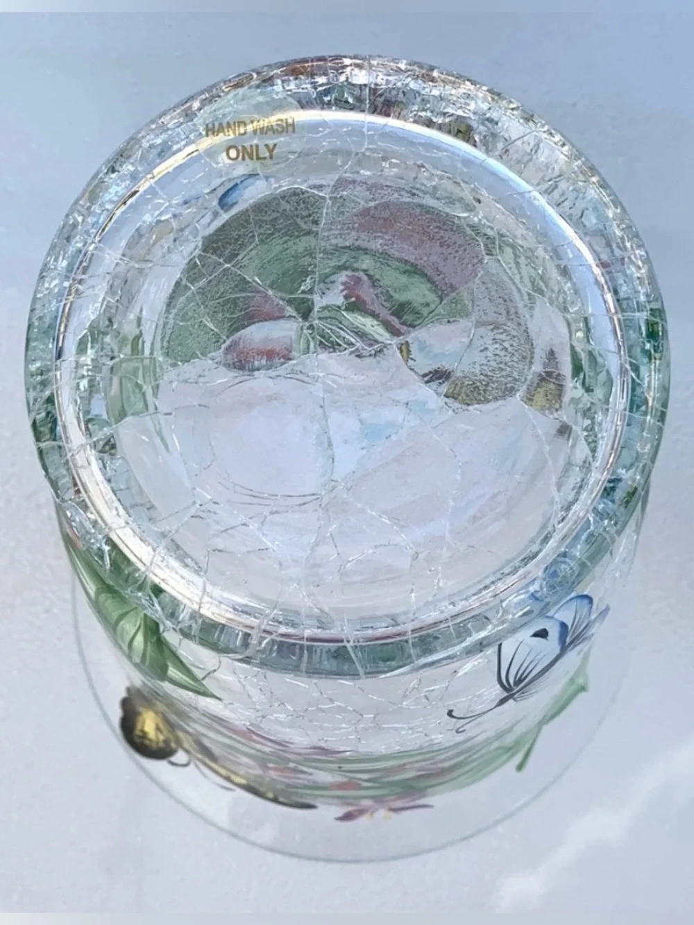 Fifth Avenue Crystal Butterfly Blossom Crackle Glass 6” Hurricane Candle Holder